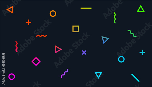 Abstract vector dark background in Memphis style with scattered bright neon geometric shapes such as triangles, circles, squares, crosses and wavy lines creating a playful and modern pattern.
