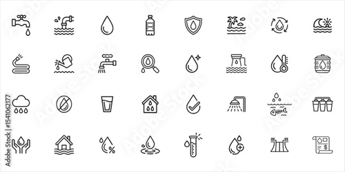 32 Editable Stroke Vector Icons . Set of Water Elements Including Drop, Rain, Glass of Water, Shower, and Drinking Concepts