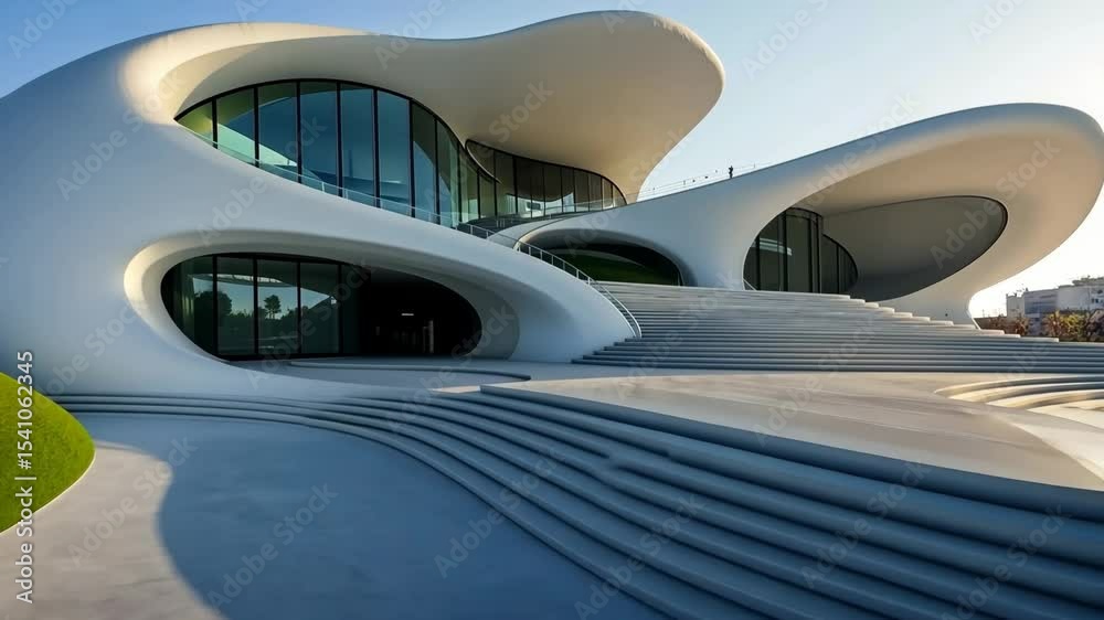 Modern architectural design featuring a futuristic building with flowing curves, large glass windows, and landscaped surroundings, showcasing innovative structure. Generative 4k video.