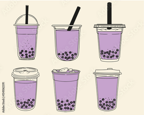 Set of original illustrations of boba tea and matcha bubble tea drinks, hand-drawn in a linear style. Vector illustrations of glasses with drinks for posters, cards, cafe menus, and graphic design.