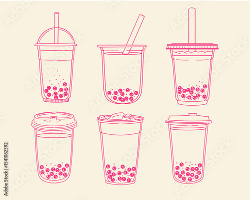 Set of original illustrations of b, hand-drawn in a linear style. Vector illustrations of glasses with drinks for posters, cards, cafe menus, and graphic design.
