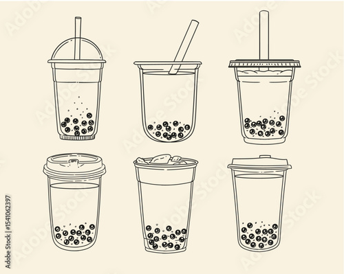 Set of original illustrations of b, hand-drawn in a linear style. Vector illustrations of glasses with drinks for posters, cards, cafe menus, and graphic design.
