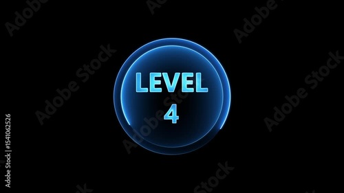 Level 4 neon glowing with neon circle animation. Ideal for futuristic game intros, digital screens, or cyberpunk-style level transitions and UI animations. 4k animation on transparent background