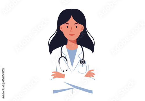 A cartoon doctor with crossed arms wears a stethoscope and lab coat