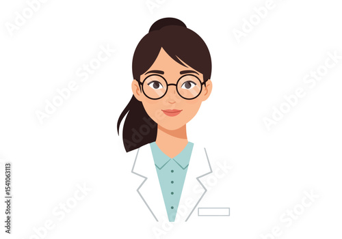 A cartoon doctor in a lab coat with dark hair and glasses