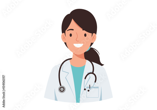 A cartoon female doctor with a stethoscope and white coat smiles against a plain background