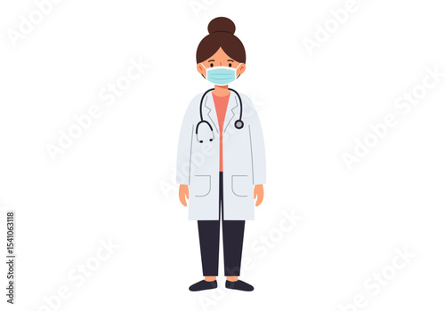 A cartoon woman with brown hair in a bun wearing a lab coat and mask and a stethoscope