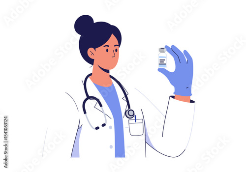 A cartoonstyle doctor in lab coat holds a vial possibly vaccine or medication Stethoscope is visible around her neck