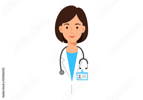 A cartoon woman with brown hair is depicted as a doctor wearing a lab coat a blue shirt stethoscope and ID badge