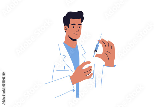 A doctor holds a syringe in his right hand preparing for an injection