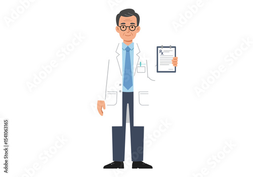 A doctor holds a prescription pad wearing glasses a tie and a white coat