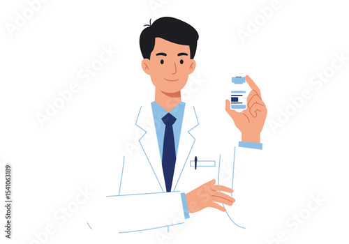 A doctor in a lab coat holding a vial with a label
