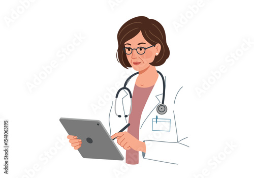 A doctor in a lab coat is using a tablet with a stylus