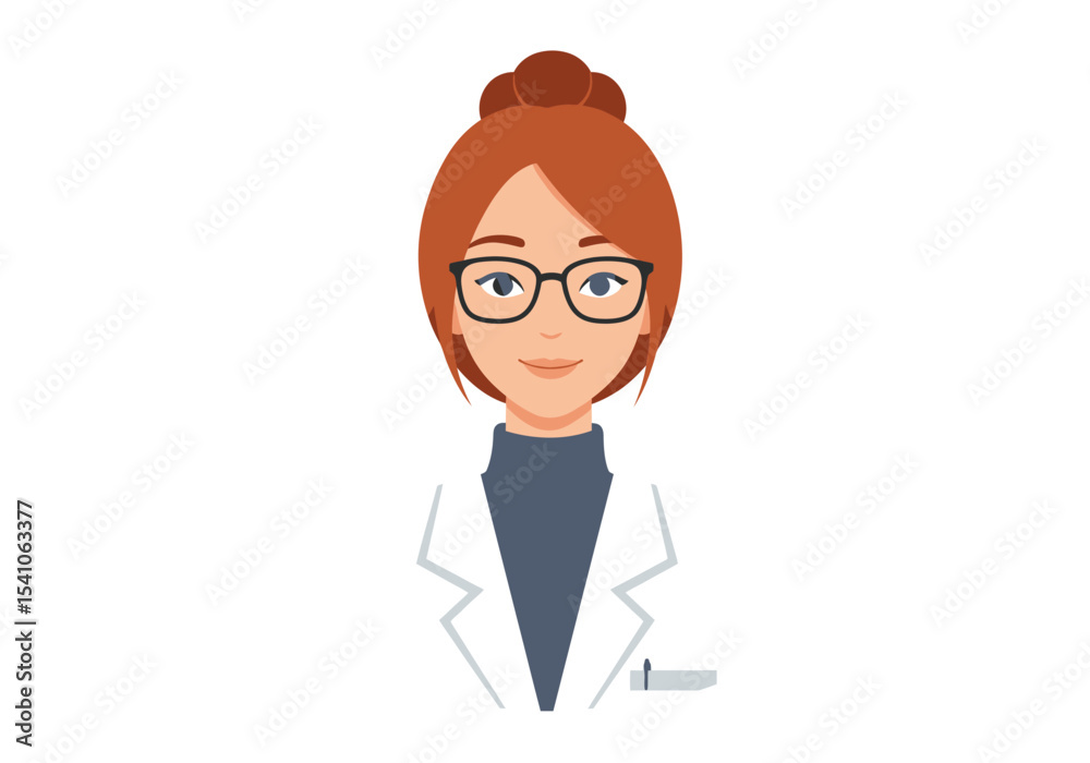 A woman with red hair wearing glasses and a lab coat is centered A woman with red hair wearing glasses and a lab coat is centered