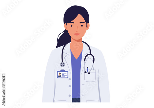 A female doctor wearing a white coat and stethoscope