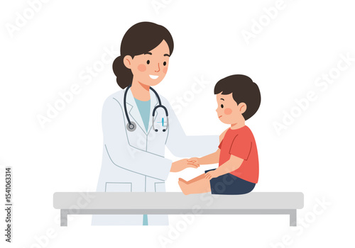 A friendly doctor examines a child seated on a medical table with a stethoscope
