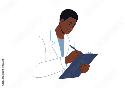 A man in a white coat writes on a blue clipboard looking down