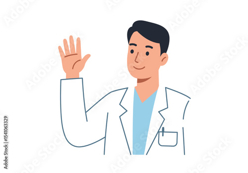 A man in a white coat raises his hand greeting with a smile