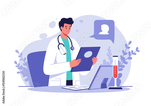 A medical professional reviews records at a desk