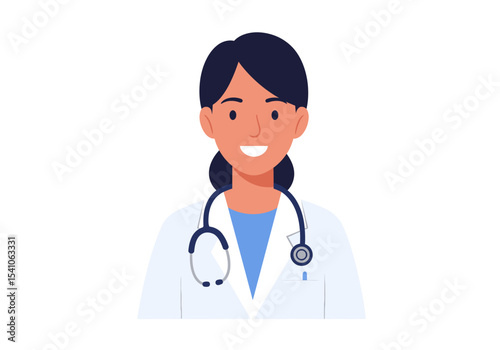 A friendly female doctor in a white coat and stethoscope smiles