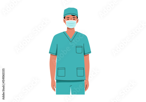 A person in green scrubs and a face mask stands against a white background