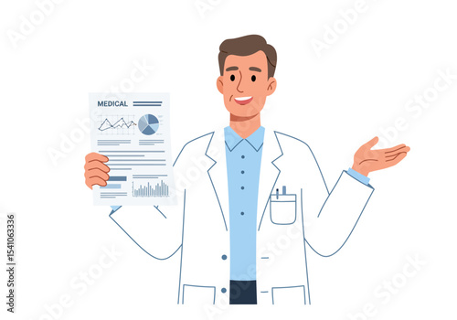 A smiling doctor in a white coat holds a medical report with charts and graphs gesturing with his other hand