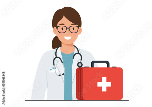 A smiling female doctor in a white coat with a stethoscope stands next to a red first aid kit