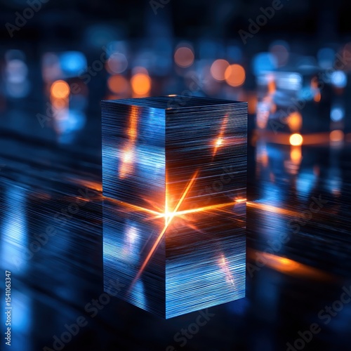 A glowing, reflective cube on a dark surface