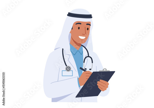 A smiling Middle Eastern doctor in a lab coat writes on a clipboard