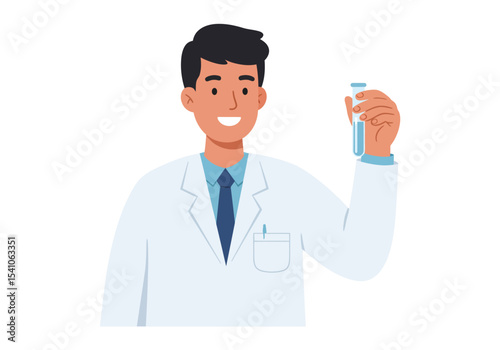 A smiling man in a lab coat holds a test tube filled with blue liquid