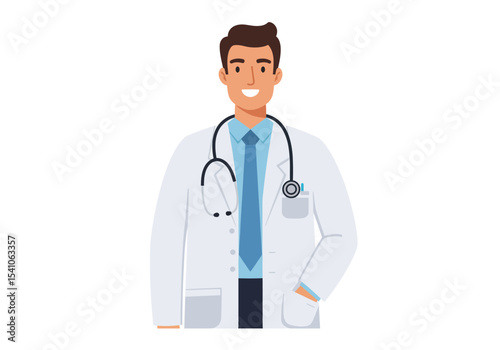 A smiling male doctor in a white coat blue tie and stethoscope with a hand in his pocket