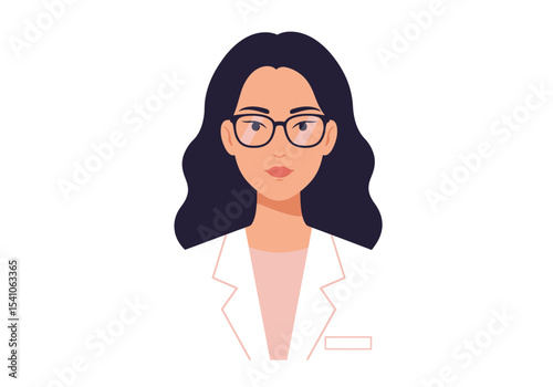 A woman in a lab coat wearing glasses with dark wavy hair presented against a stark white backdrop