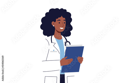 An African American doctor in a white coat holding a blue clipboard