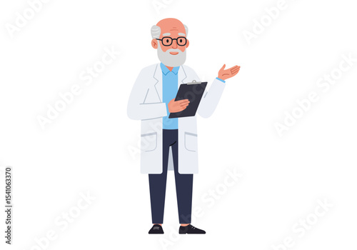 An illustration of an older man in a lab coat holding a clipboard and gesturing with his hand