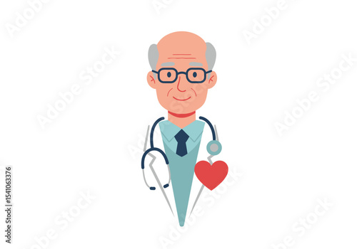 An elderly doctor with a stethoscope and a heart symbol