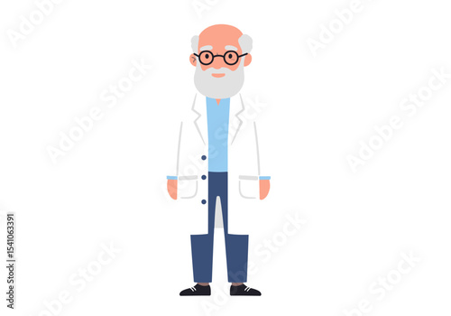 An old bald bespectacled doctor in a white lab coat stands against a white background