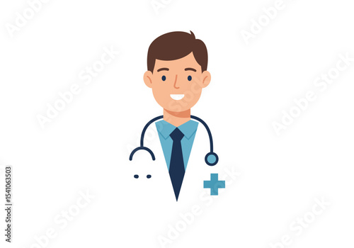Cartoonstyle male doctor in a light blue shirt with stethoscope plus sign design
