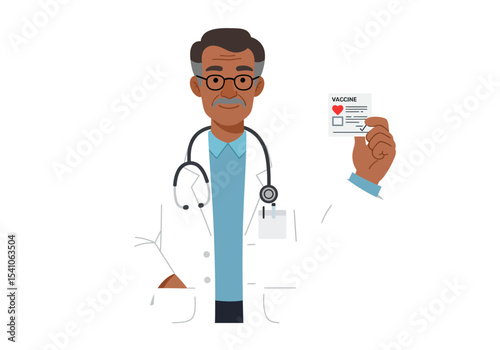 Doctor holding a vaccine card with a heart and a checkmark