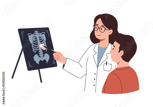 Doctor explains an Xray to a boy pointing with a pen