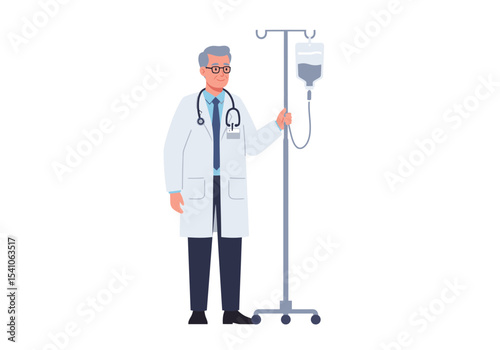 Doctor holding IV bag stand wearing lab coat and stethoscope