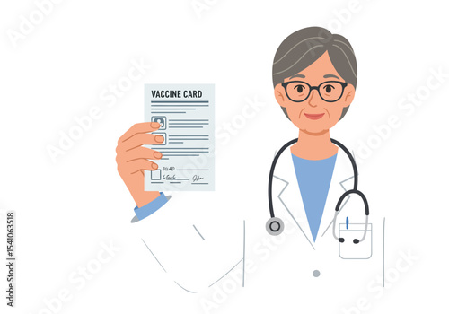 Doctor holding a vaccine card with text and filled check boxes