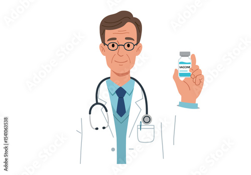 Doctor holds vial labeled VACCINE wears lab coat and stethoscope
