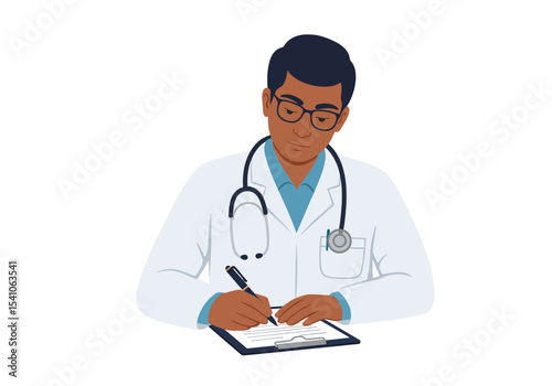 Doctor in a white coat writes on a clipboard wearing glasses and a stethoscope