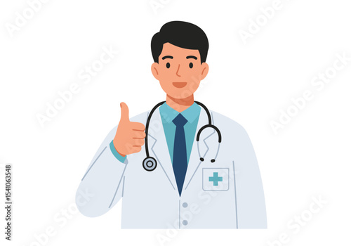 Doctor in lab coat gives thumbs up with stethoscope on white background