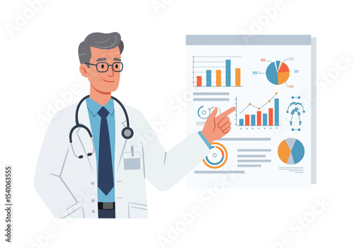 Doctor in lab coat points at data charts with graphs and other medical visualizations