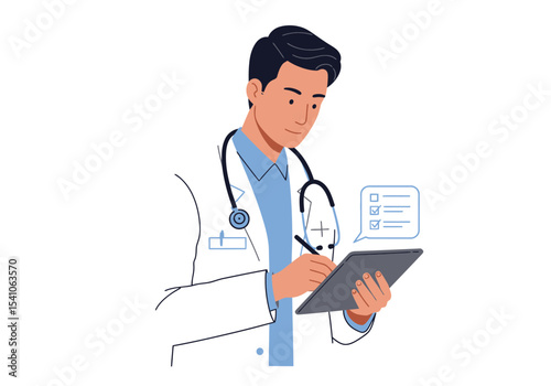 Doctor in white coat takes notes on tablet stethoscope around his neck
