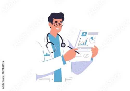 Doctor in lab coat reviewing a chart with graphs