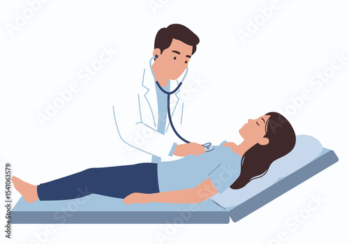 Doctor listens to a patients heart with a stethoscope as she lays on an examination table