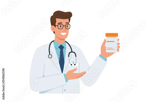 Doctor presenting pill bottle wearing glasses and stethoscope