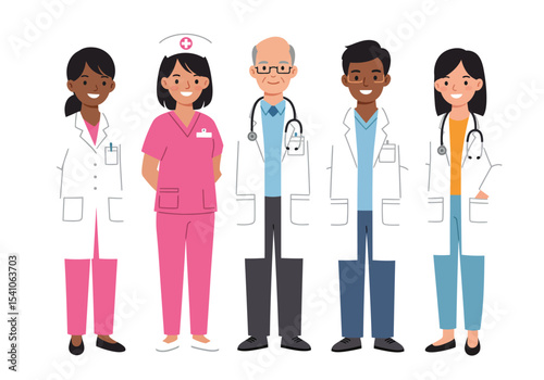 Five healthcare professionals stand sidebyside smiling